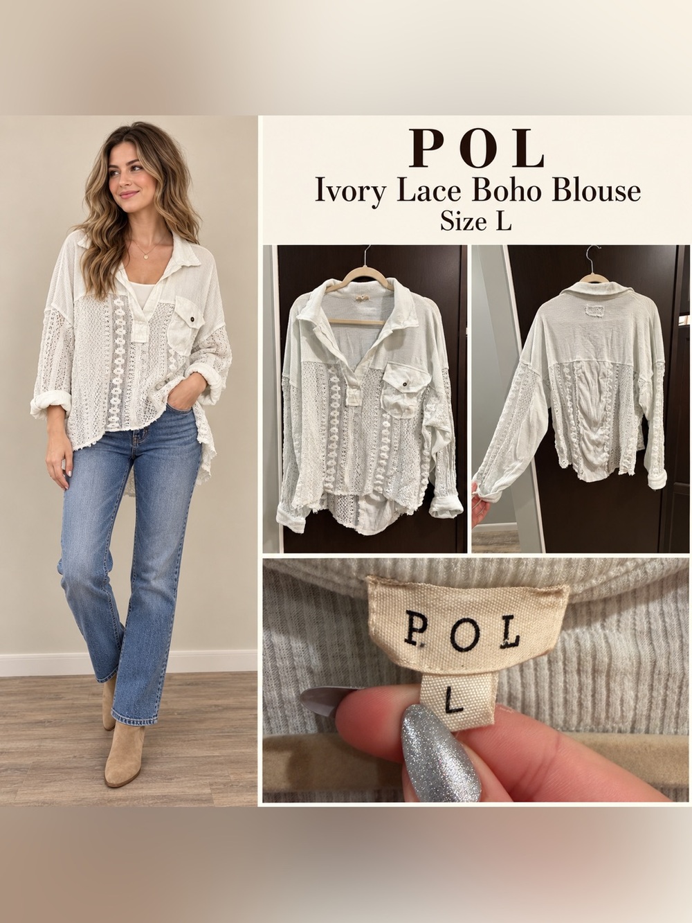 POL Ivory Lace Boho Blouse - Women's